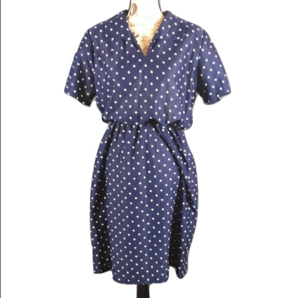 Vintage dress blue white polka dots M